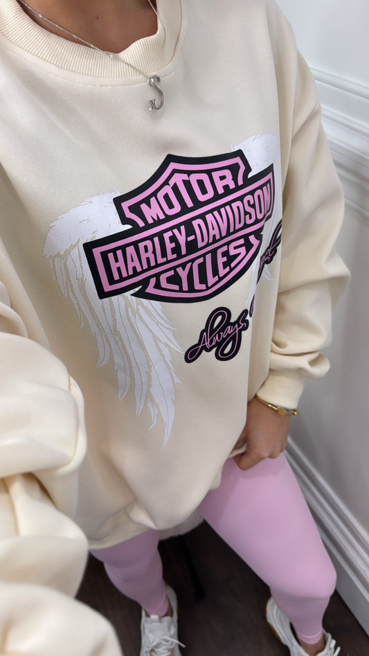 HARLEY DAVIDSON cream motorcycle slogan sweatshirt