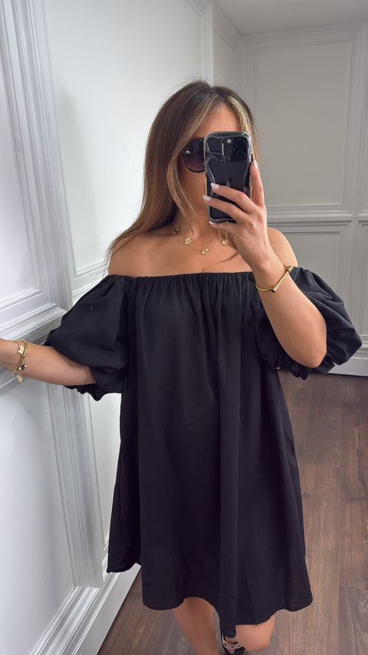 KEELEY black linen look bardot dress