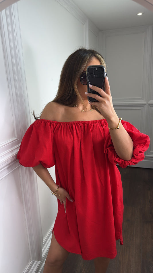 KEELEY red linen look bardot dress