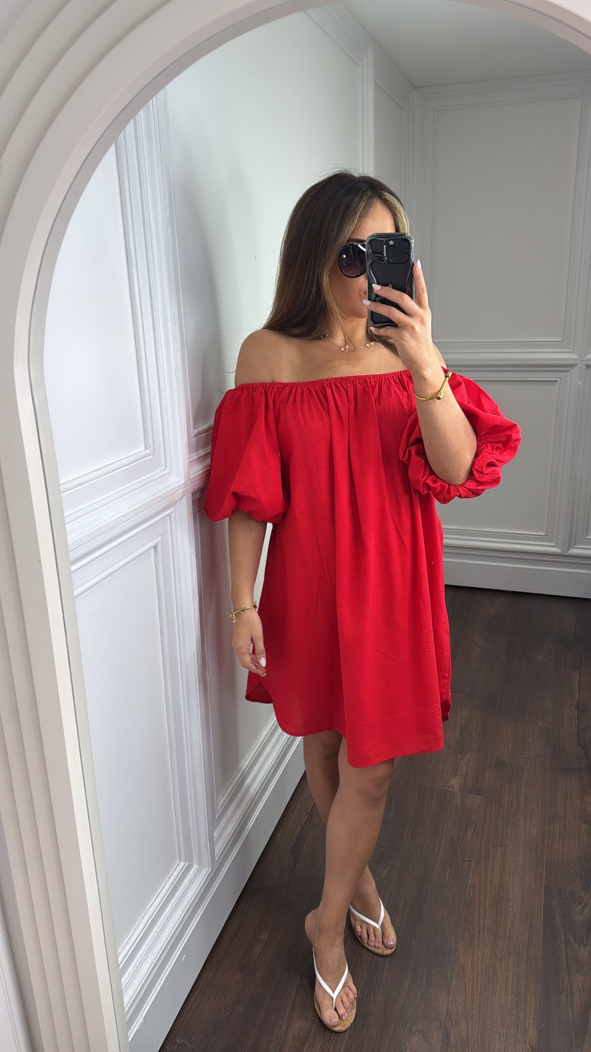 KEELEY red linen look bardot dress