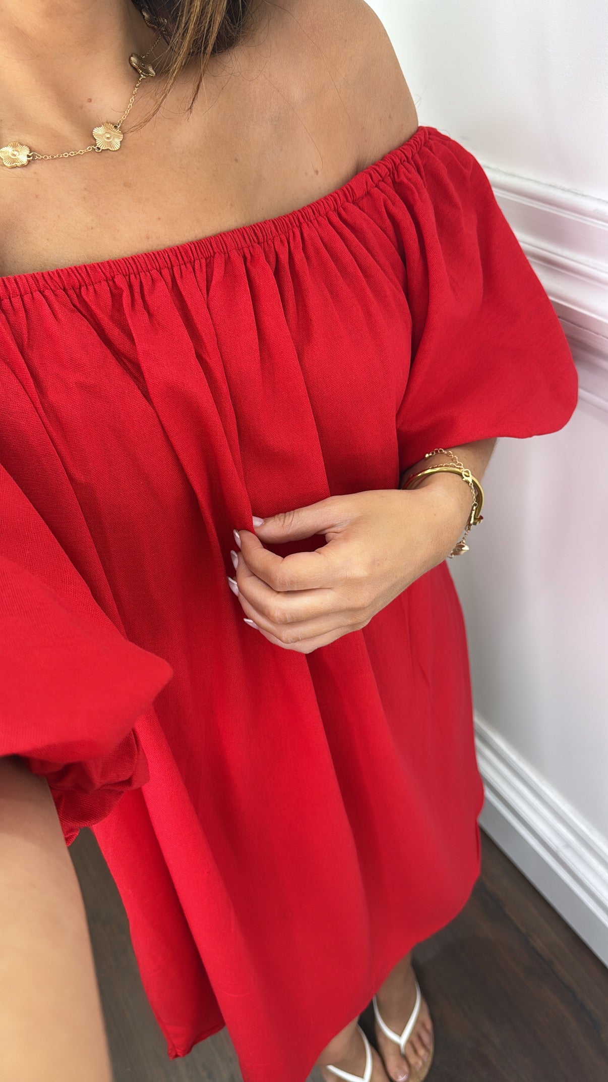 KEELEY red linen look bardot dress