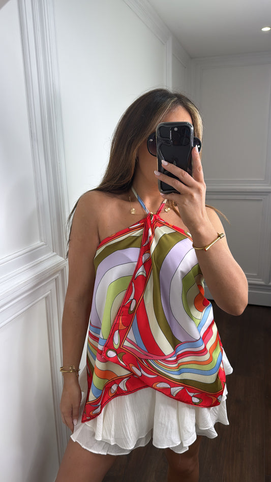 HARMONY multi color print tie neck top