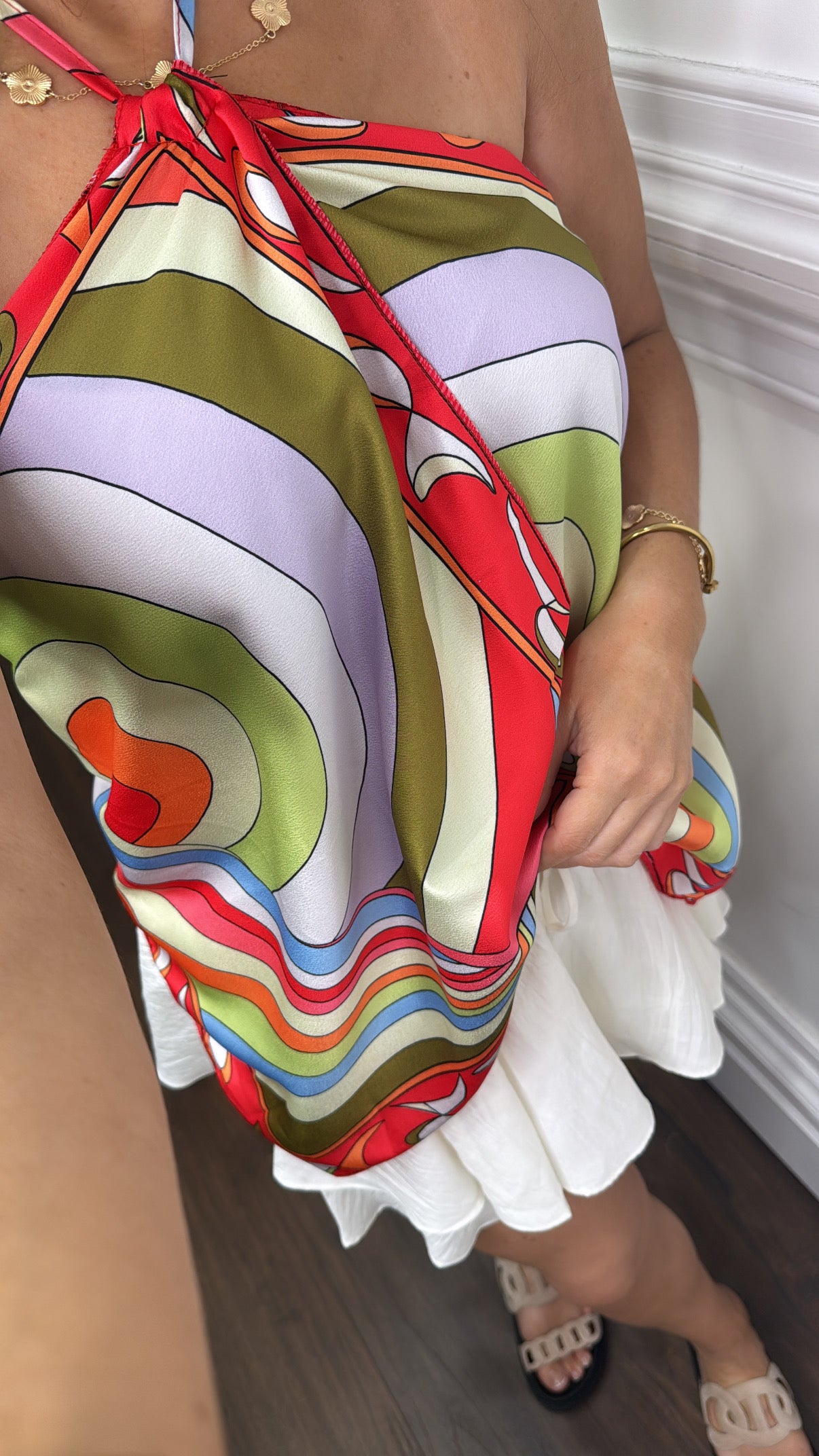 HARMONY multi color print tie neck top