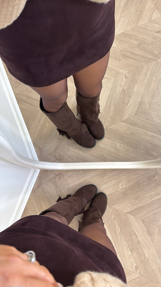 MINNIE plum brown faux suede skort