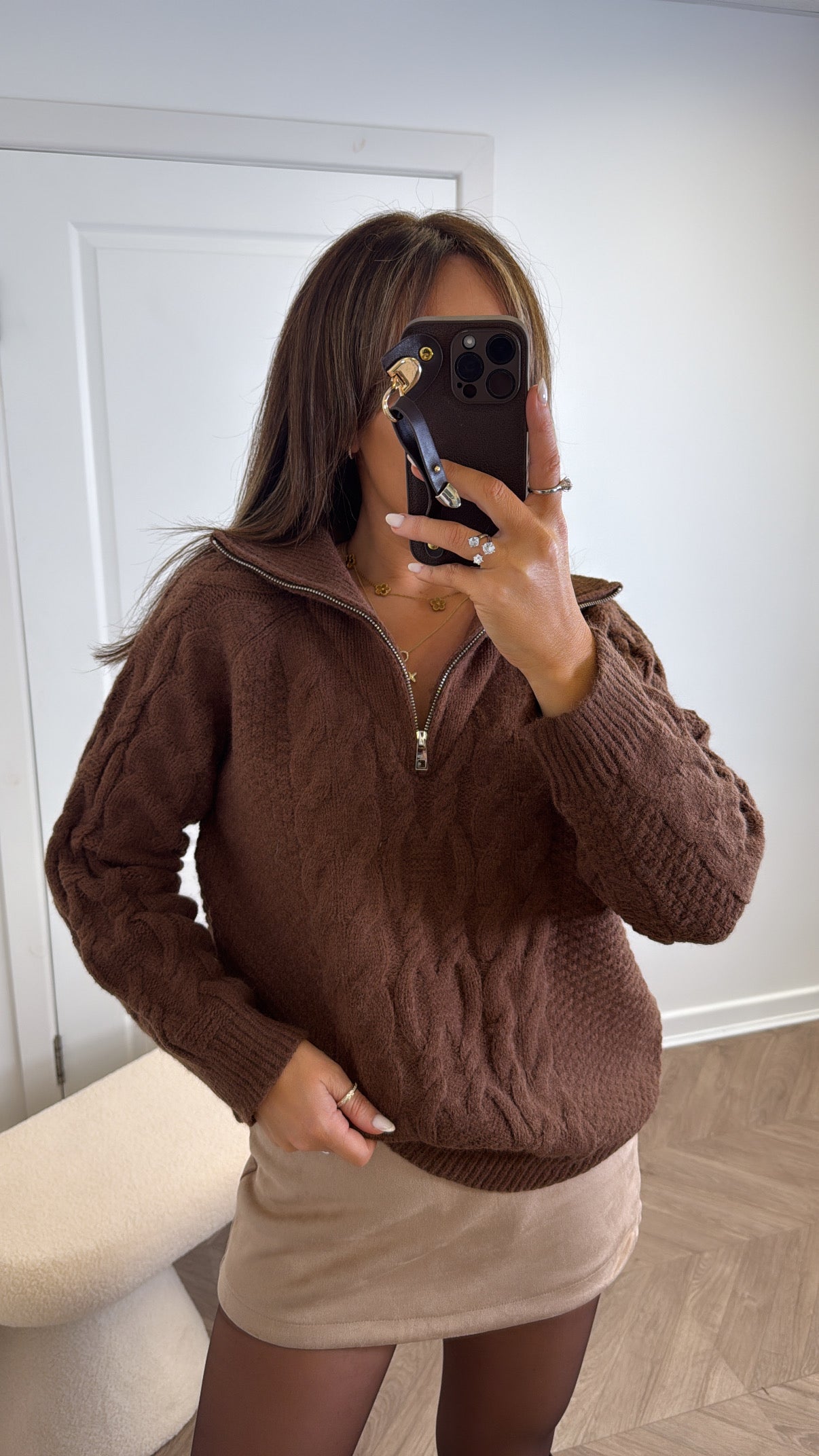SAFFRON brown cable knit half zip jumper