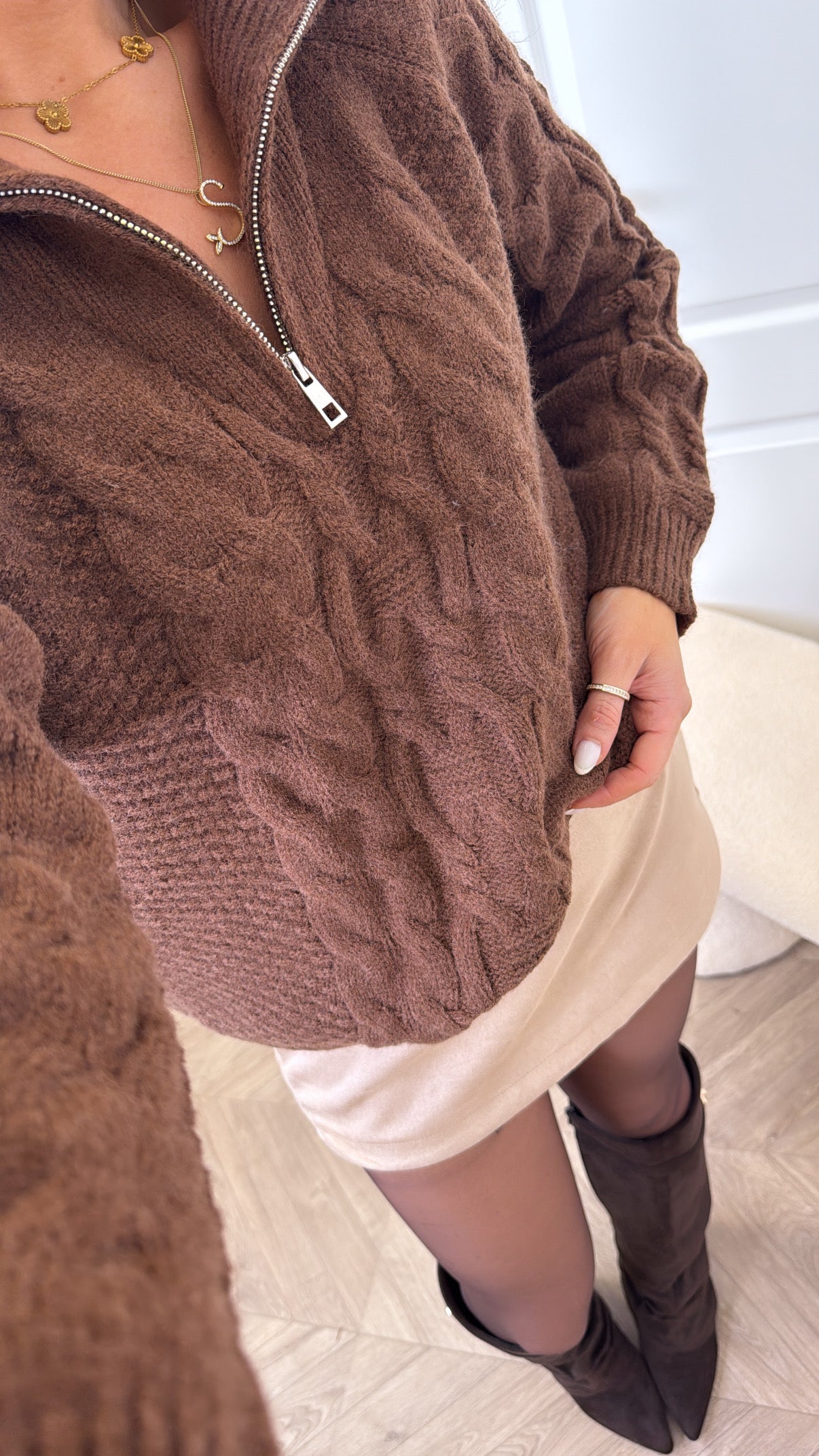 SAFFRON brown cable knit half zip jumper