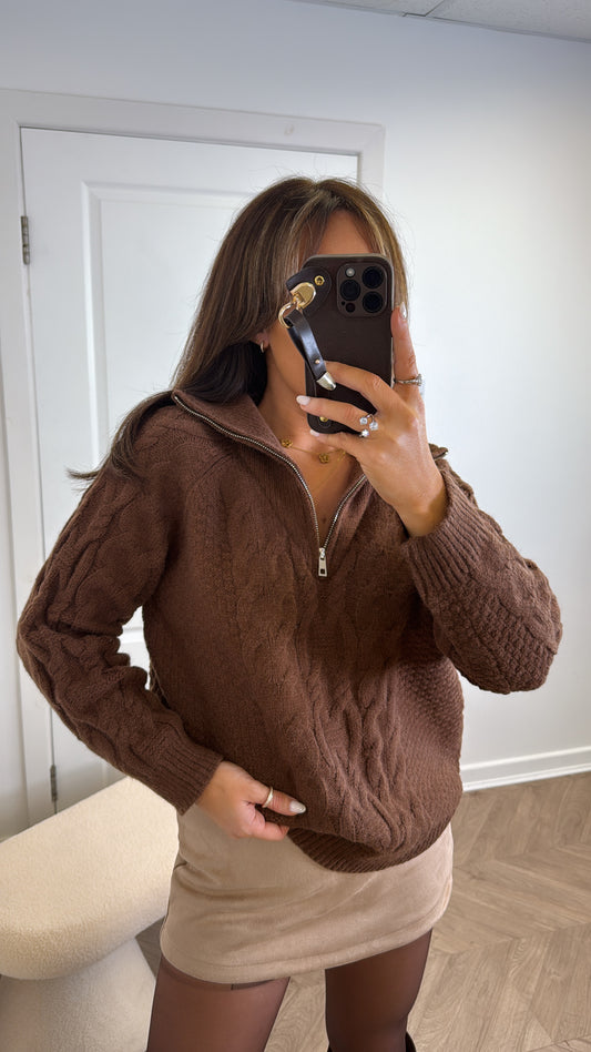 SAFFRON brown cable knit half zip jumper