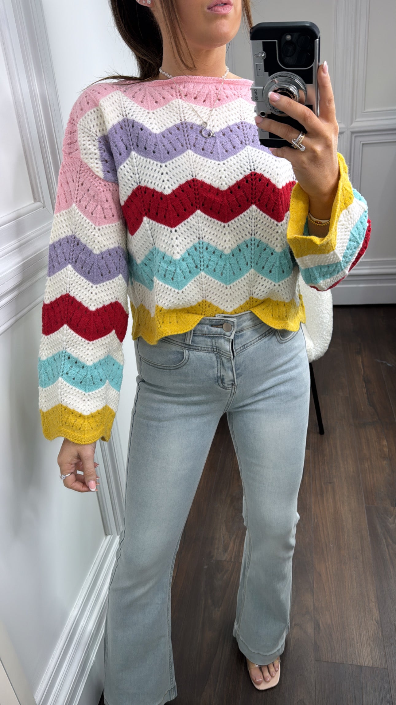 ASHTON pink multicoloured zigzag cropped knitted jumper