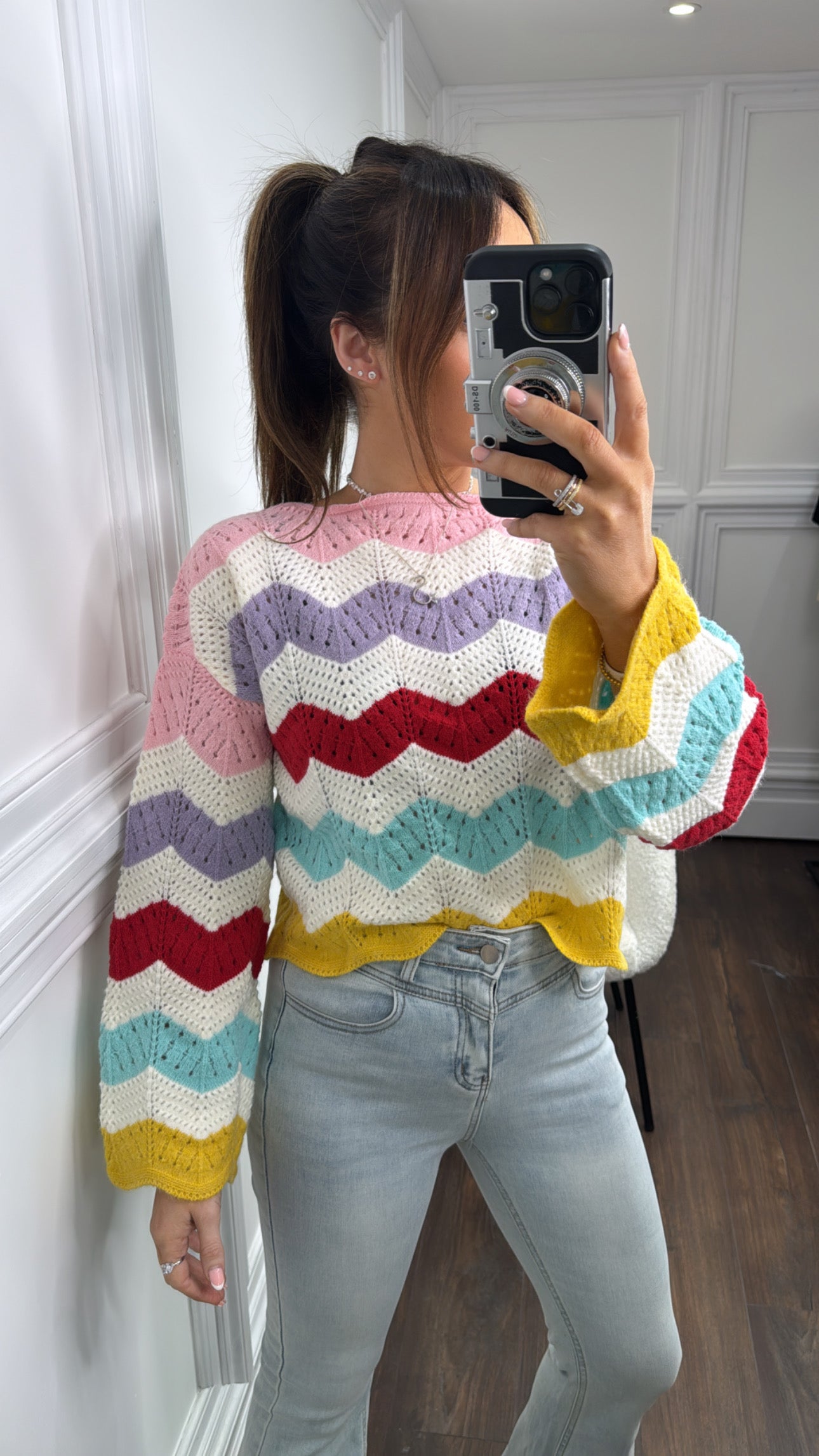 ASHTON pink multicoloured zigzag cropped knitted jumper