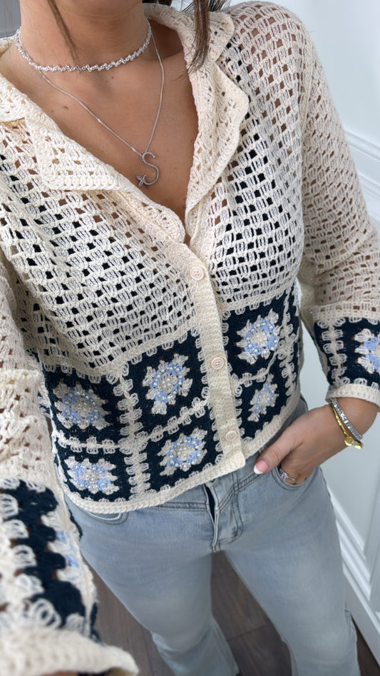 KAMI blue and cream crochet button top