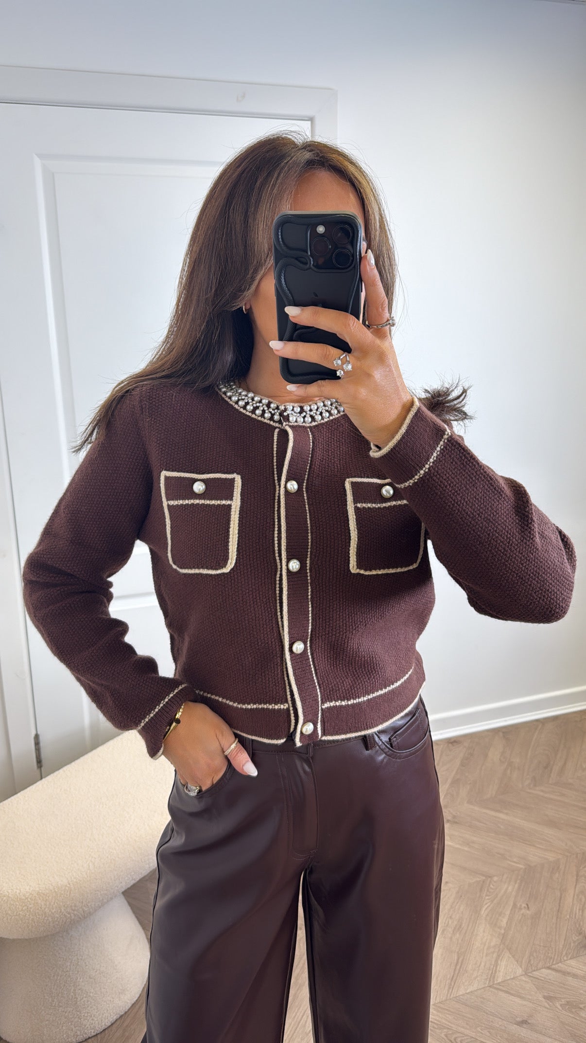 REESE brown pearl embellished knitted cardigan