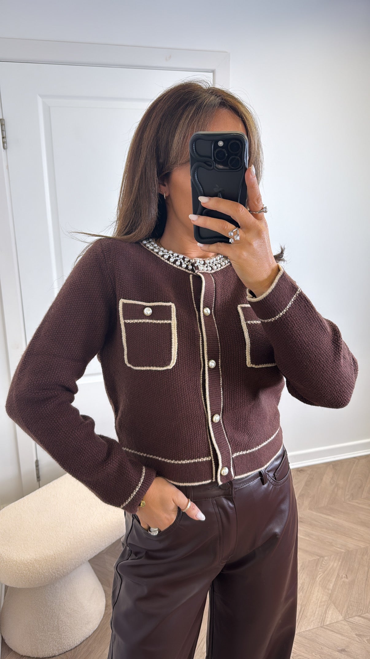 REESE brown pearl embellished knitted cardigan