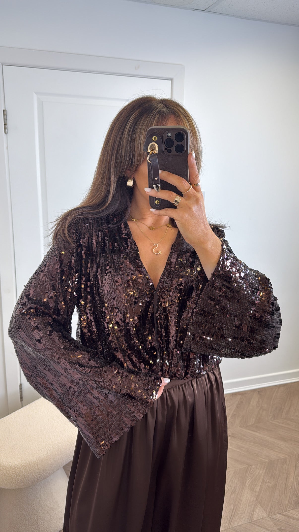 VICTORIA brown sequin wrap front top