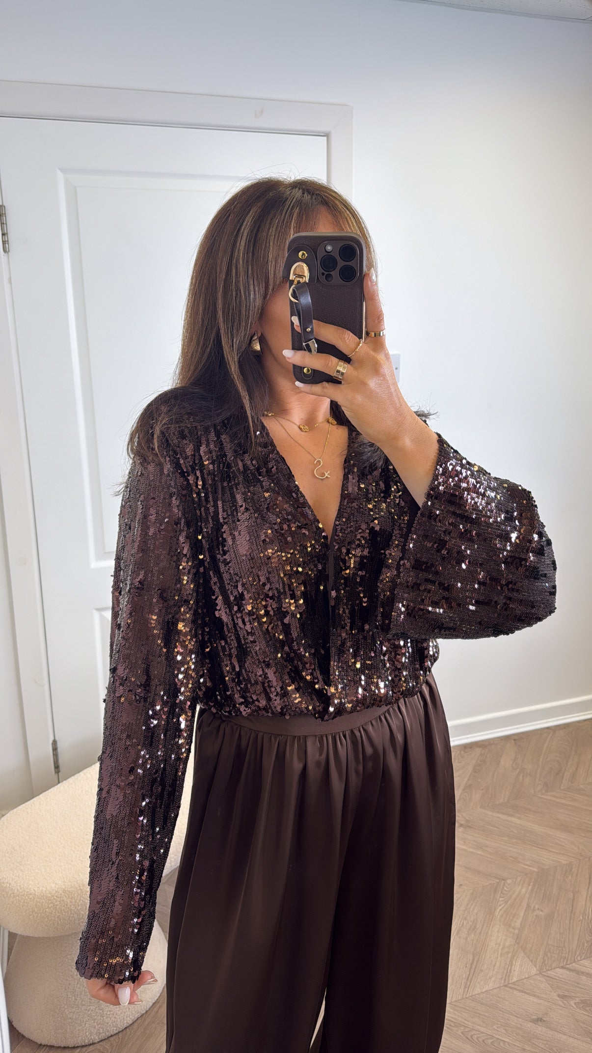 VICTORIA brown sequin wrap front top