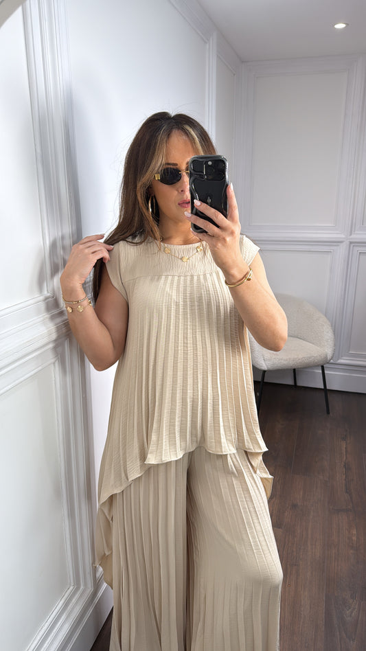 BOBBI beige pleated dip hem top and palazzo trouser co-ord