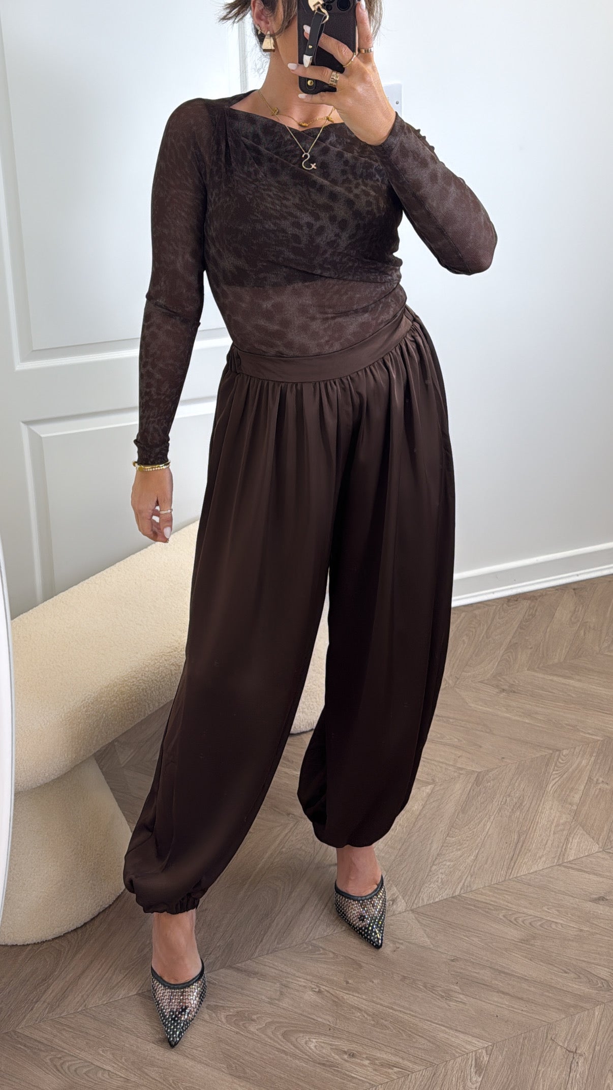 YASMINA brown silky ballon trousers