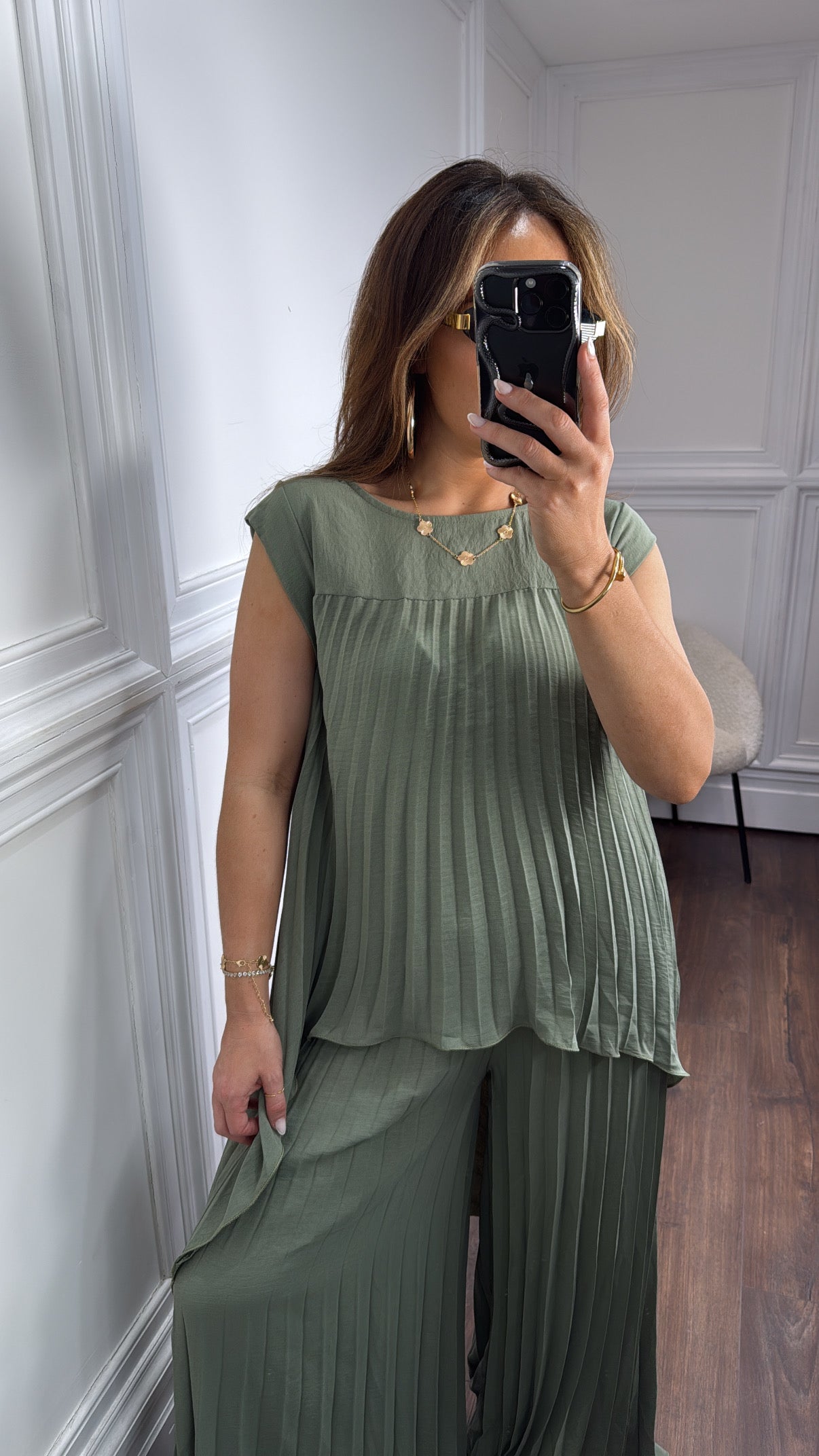 BOBBI sage green pleated dip hem top and palazzo trouser co-ord