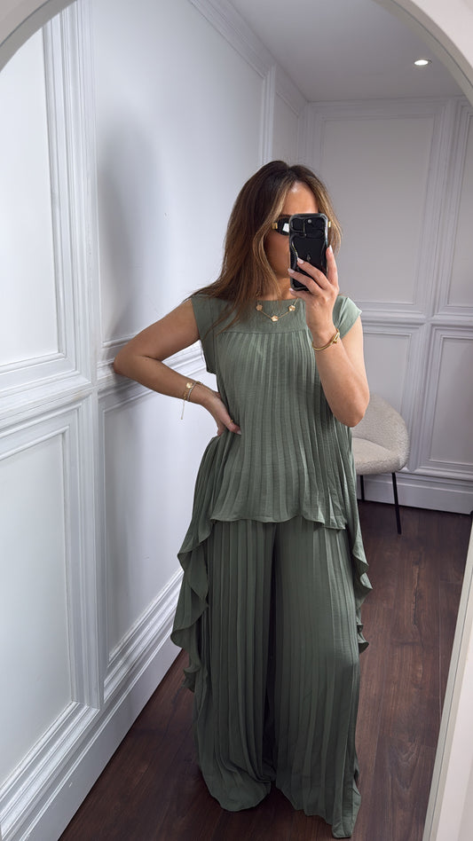 BOBBI sage green pleated dip hem top and palazzo trouser co-ord