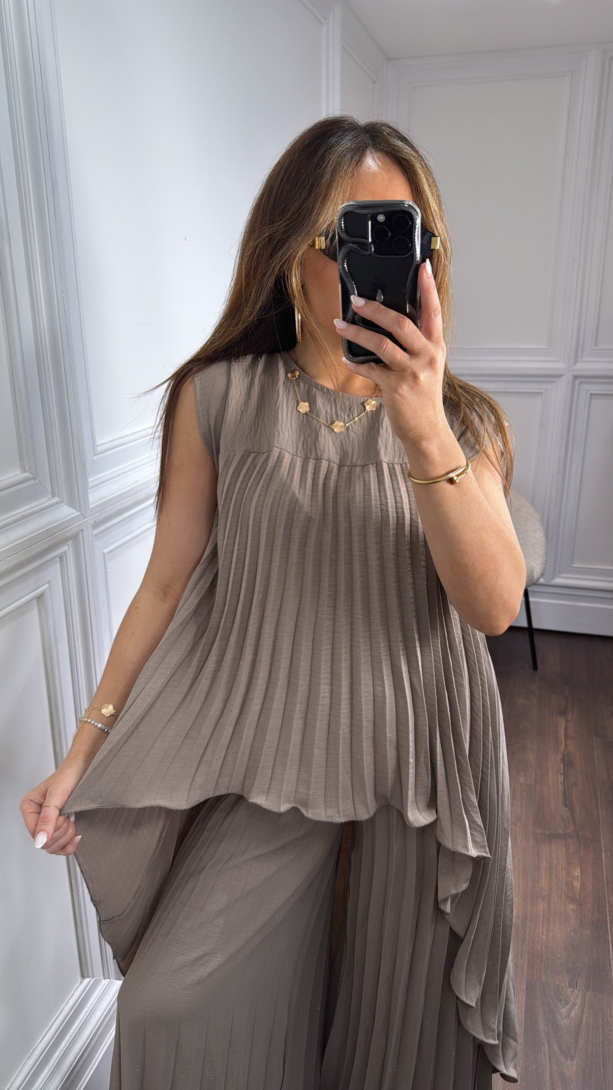 BOBBI mocha pleated dip hem top and palazzo trouser co-ord