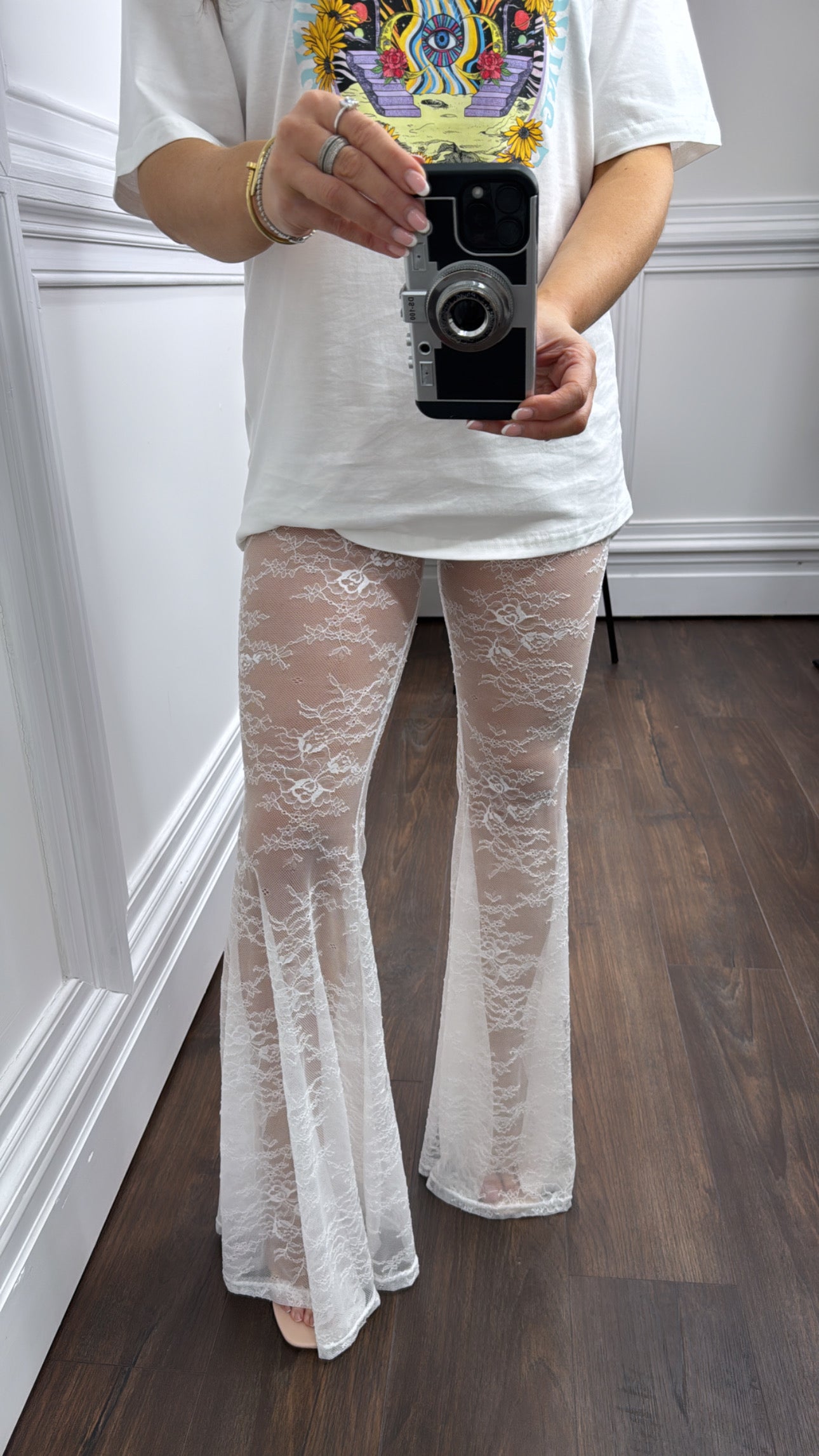 CASSIE white lace bell bottom flare pants