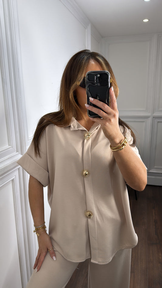 NOVA beige jersey trouser co-ord with gold button detail