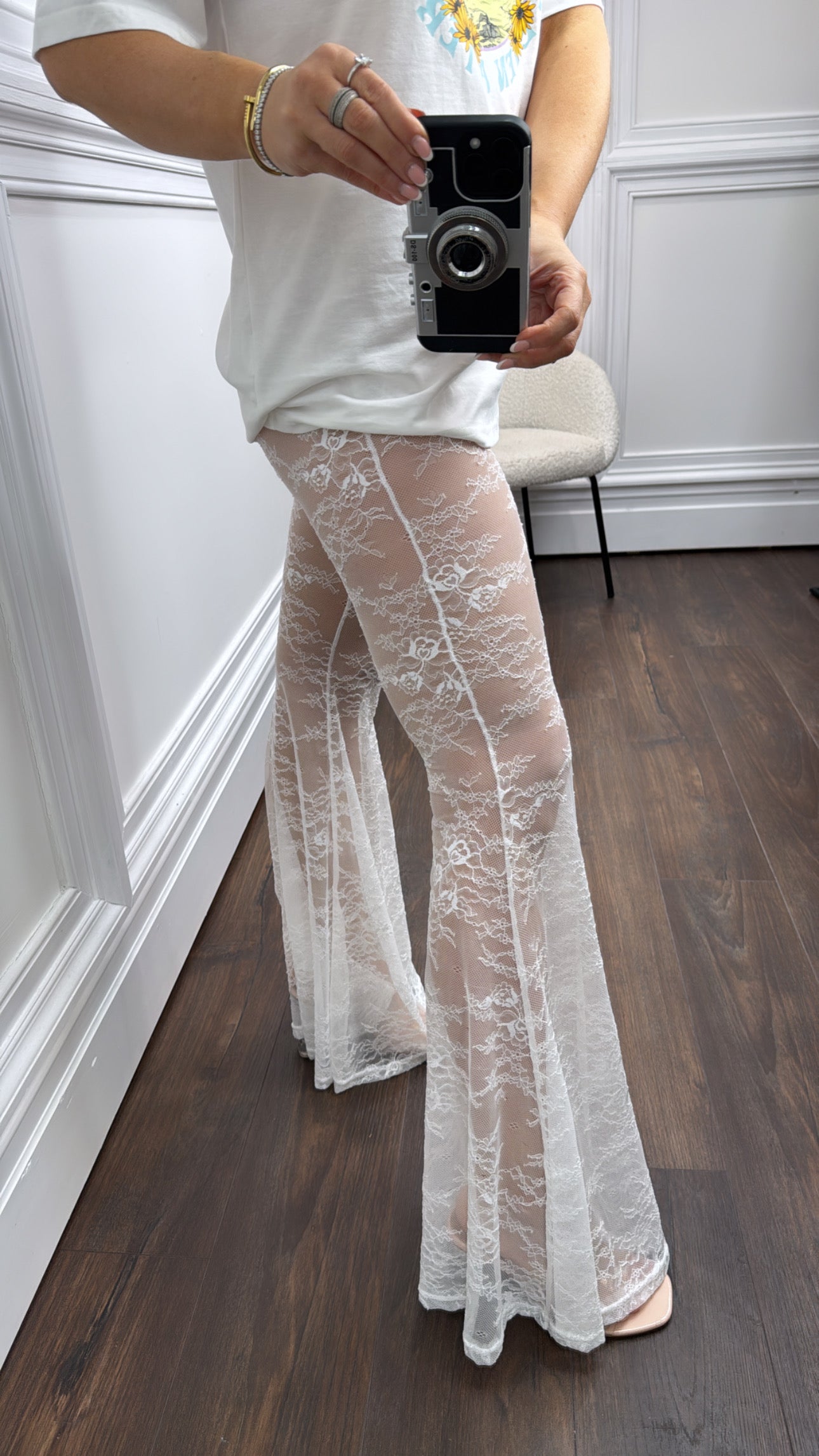 CASSIE white lace bell bottom flare pants