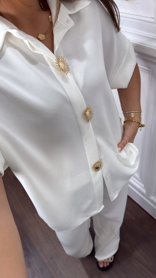 NOVA white jersey trouser co-ord with gold button detail