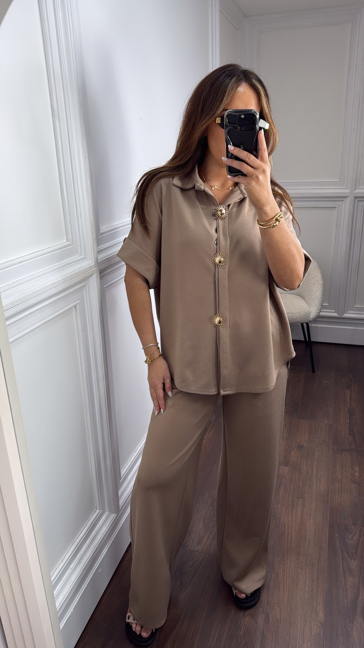 NOVA mocha jersey trouser co-ord with gold button detail