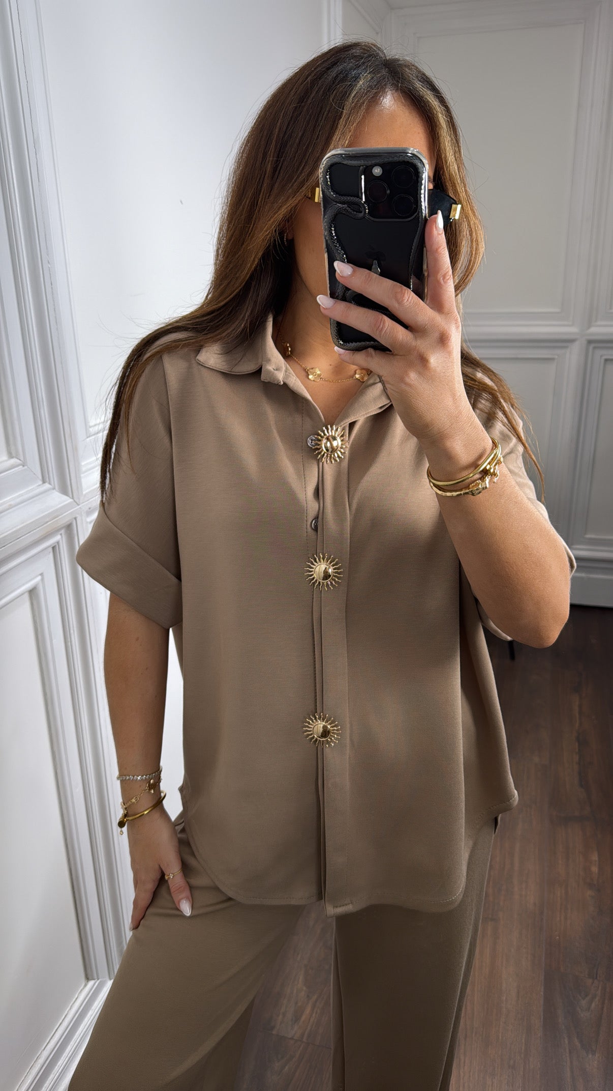 NOVA mocha jersey trouser co-ord with gold button detail