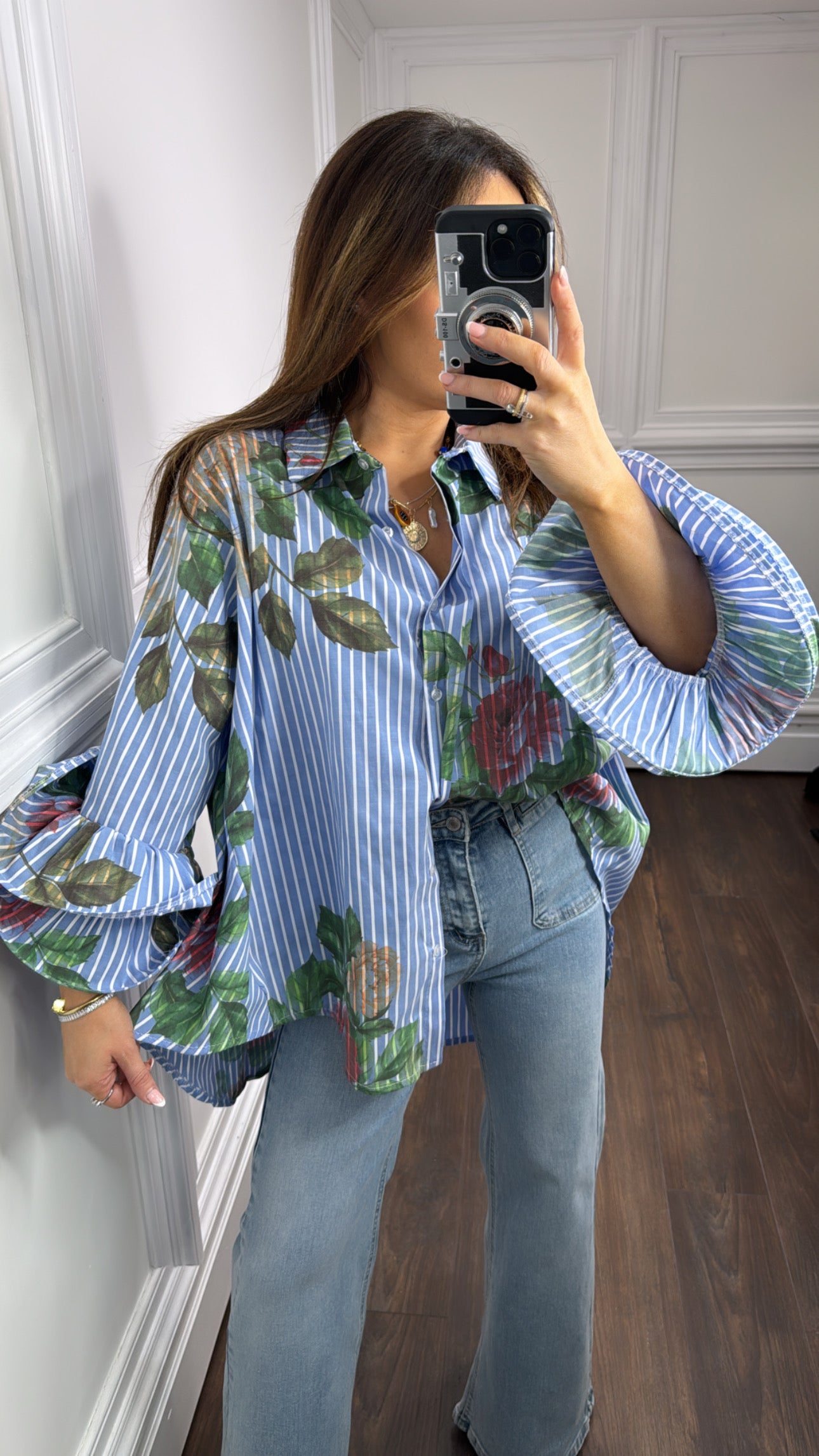 FELICITY blue stripe and floral shirt