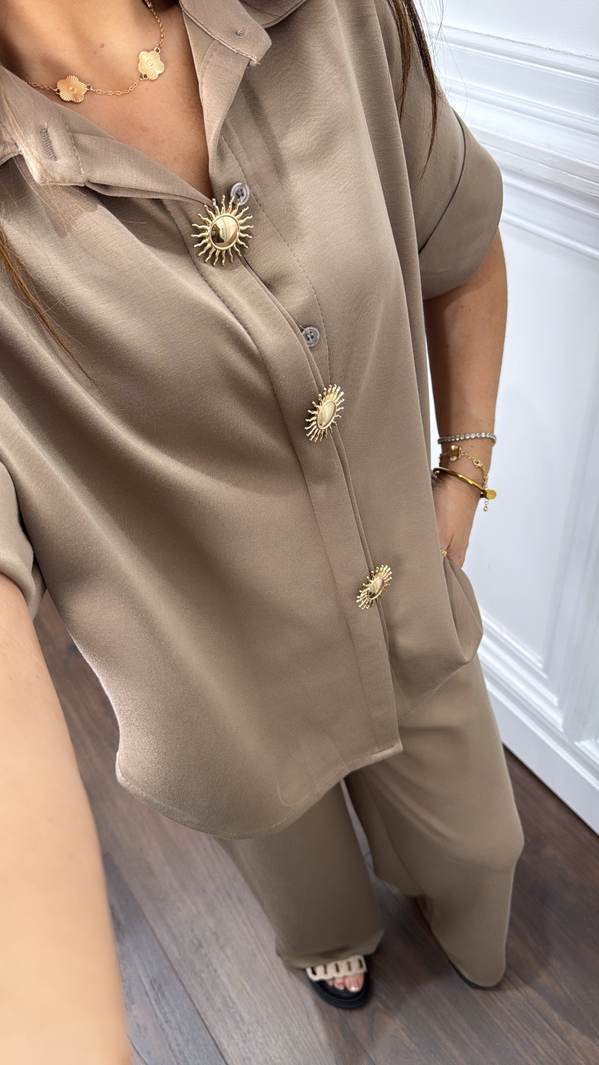 NOVA mocha jersey trouser co-ord with gold button detail