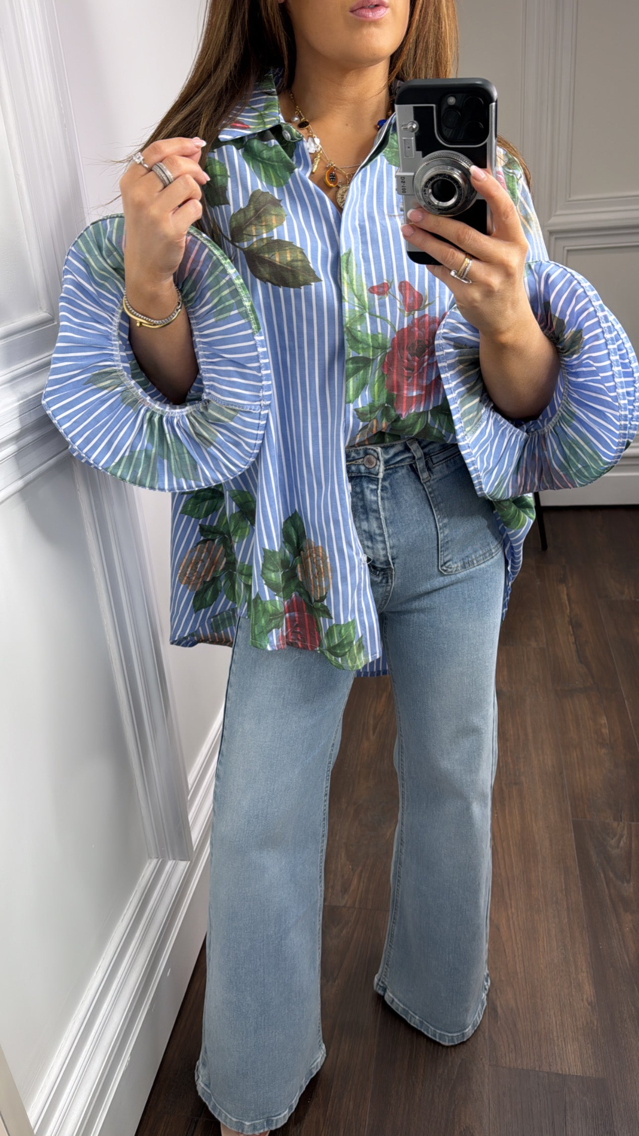 FELICITY blue stripe and floral shirt