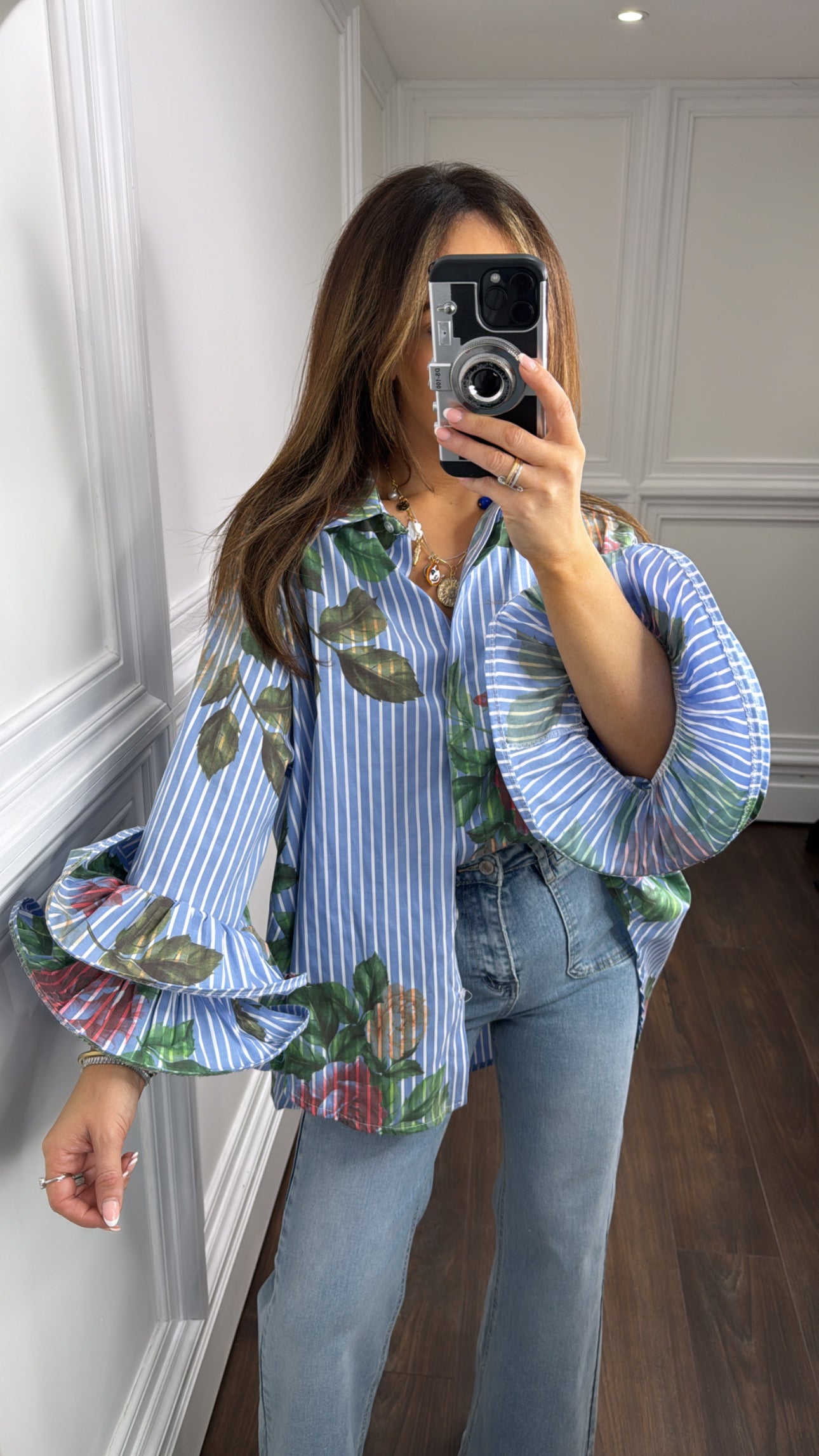 FELICITY blue stripe and floral shirt