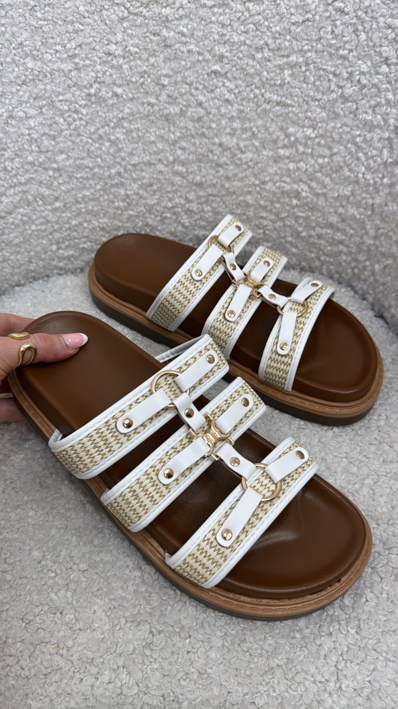 CARMELLA white woven slider sandals