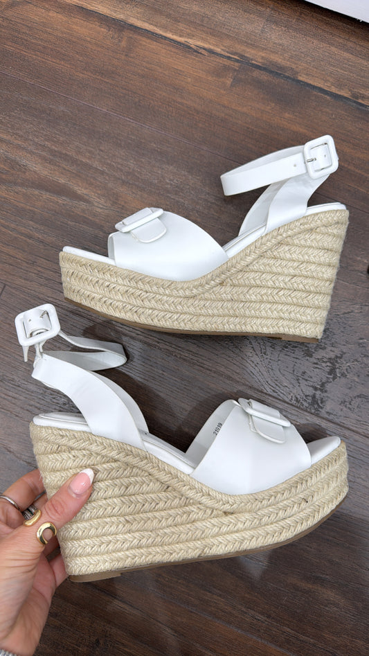 GRACIE white woven buckle wedges