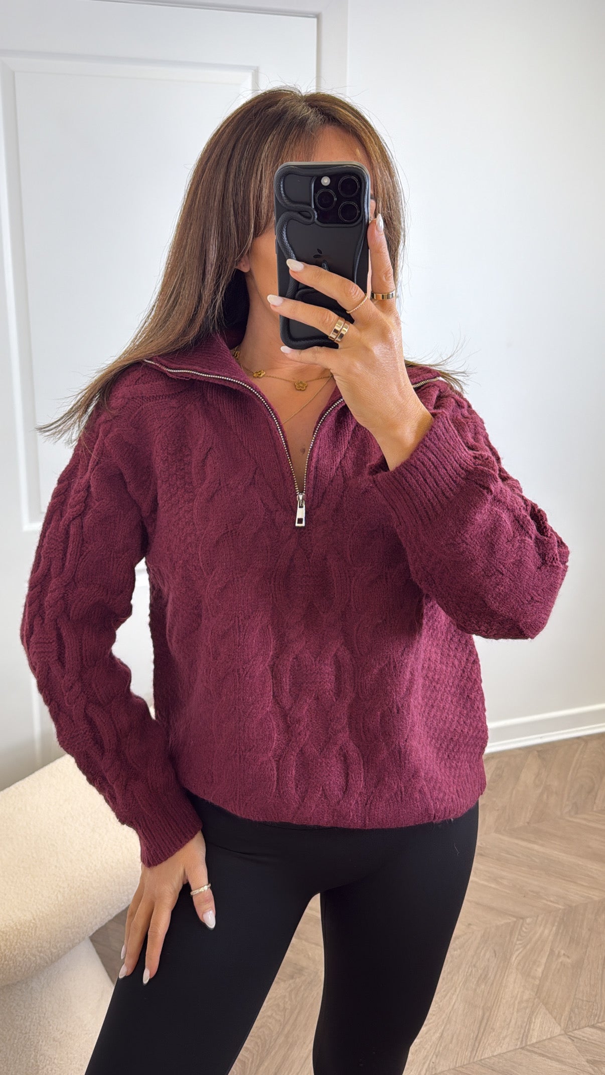 SAFFRON burgundy cable knit half zip jumper