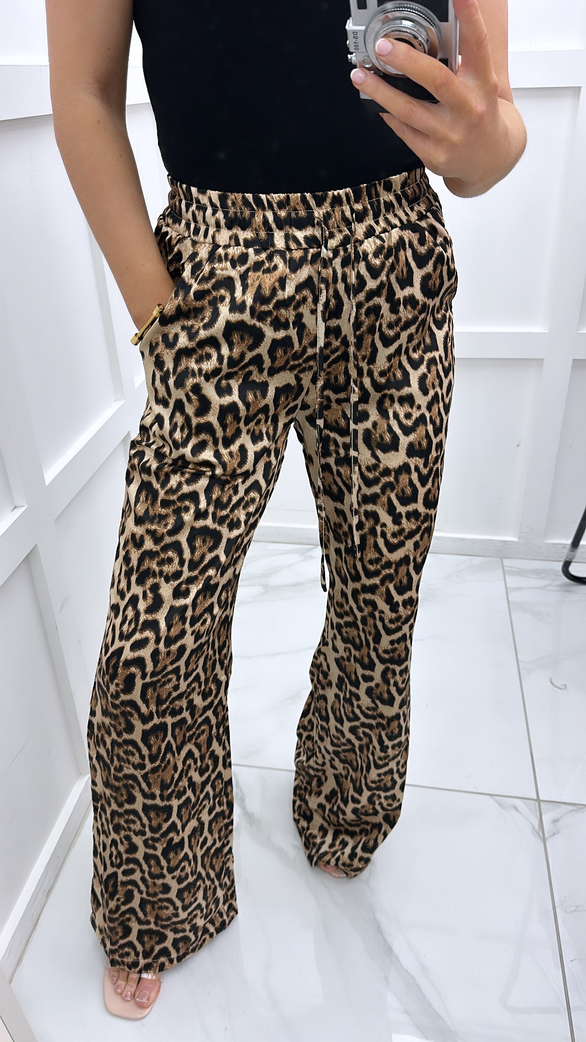 SARA leopard print wide leg satin trousers