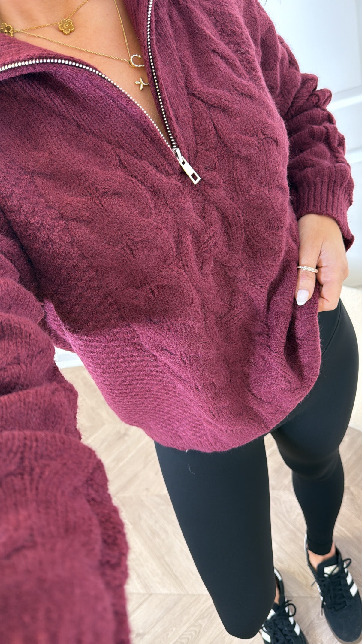 SAFFRON burgundy cable knit half zip jumper
