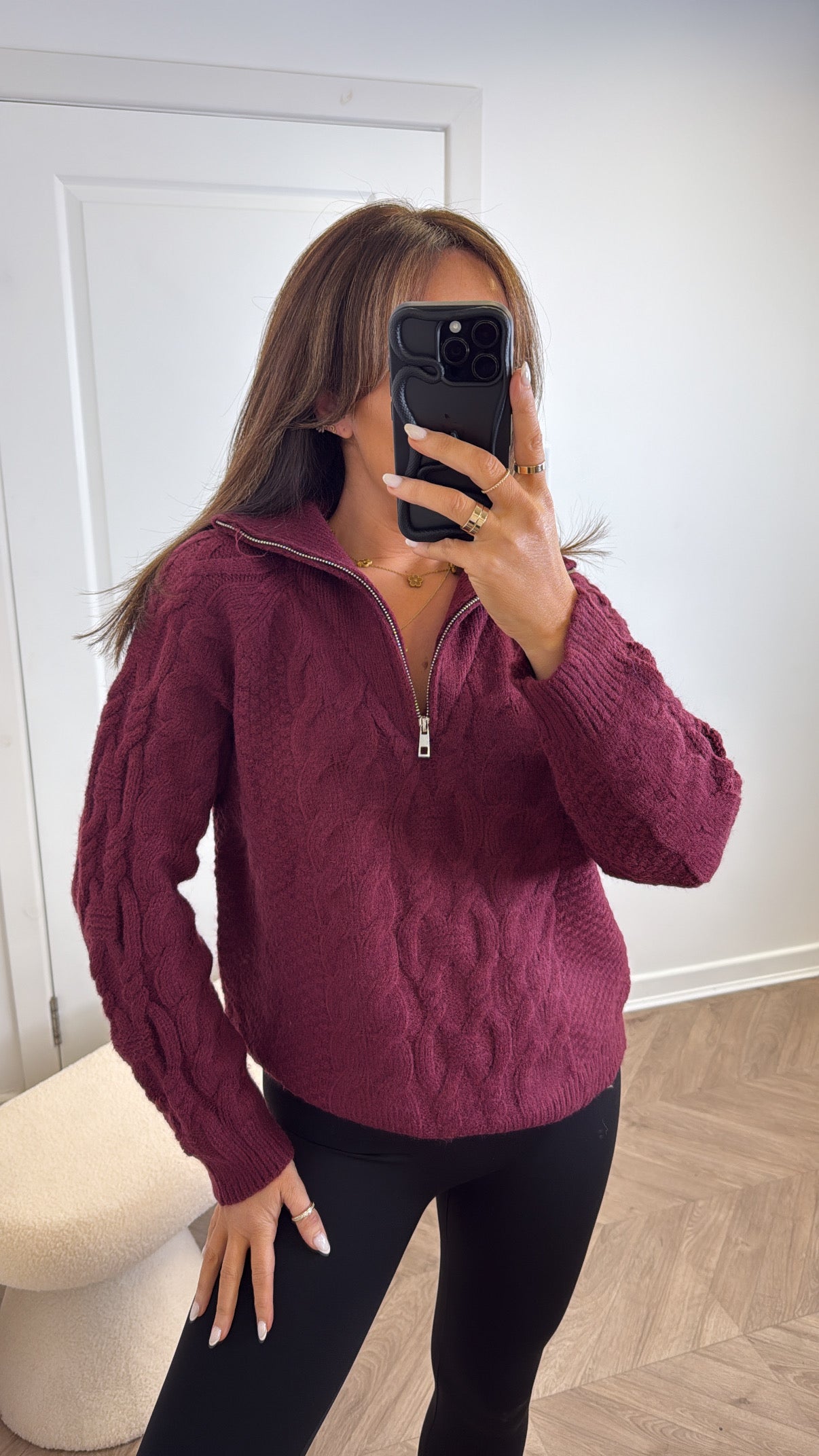 SAFFRON burgundy cable knit half zip jumper