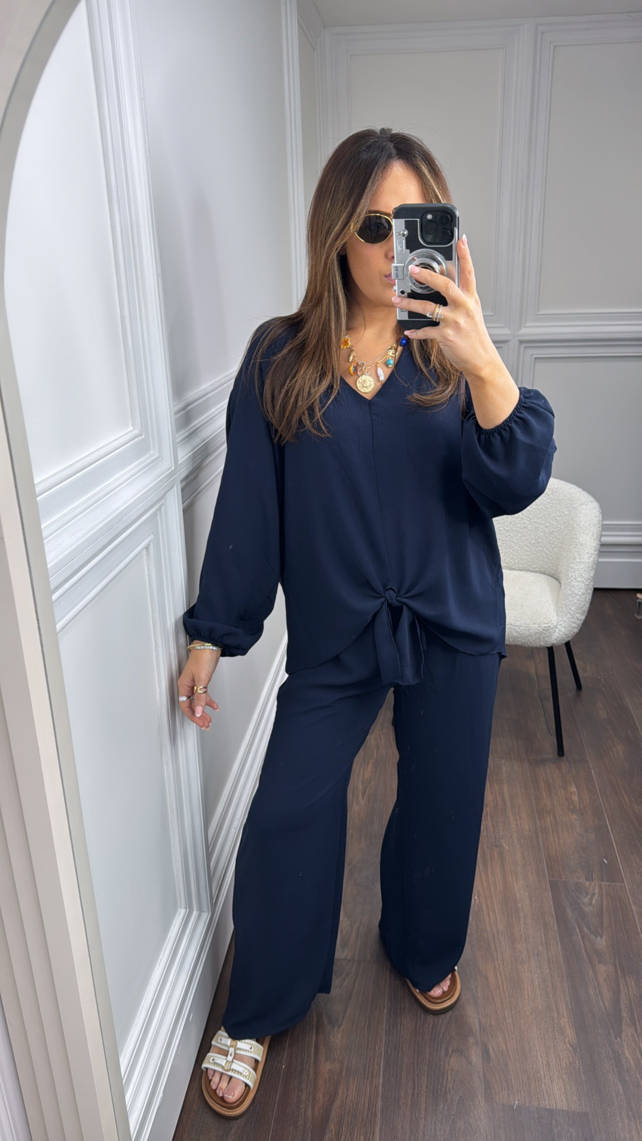 JENNIFER navy chiffon tie top and trousers co-ord set