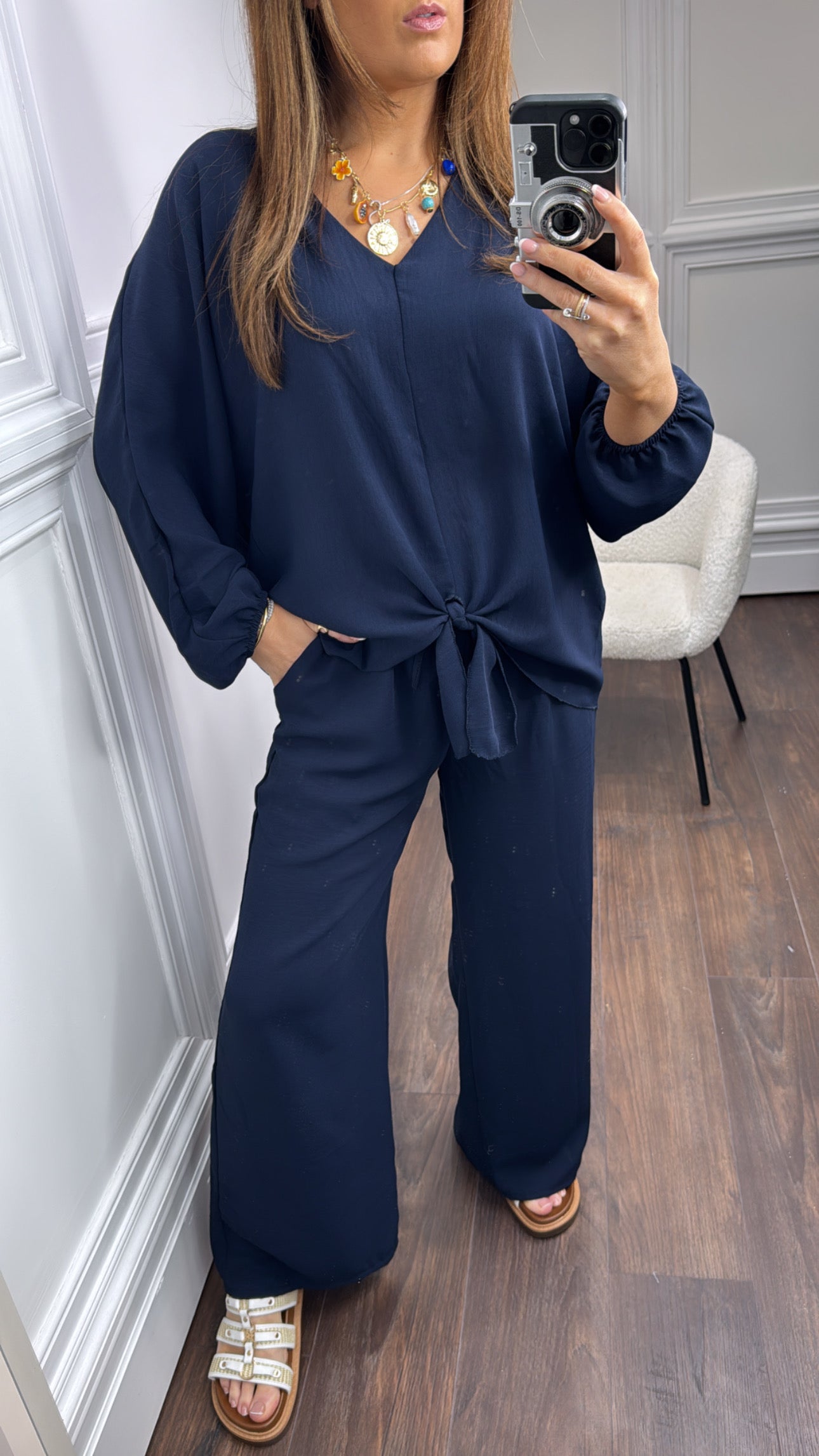 JENNIFER navy chiffon tie top and trousers co-ord set