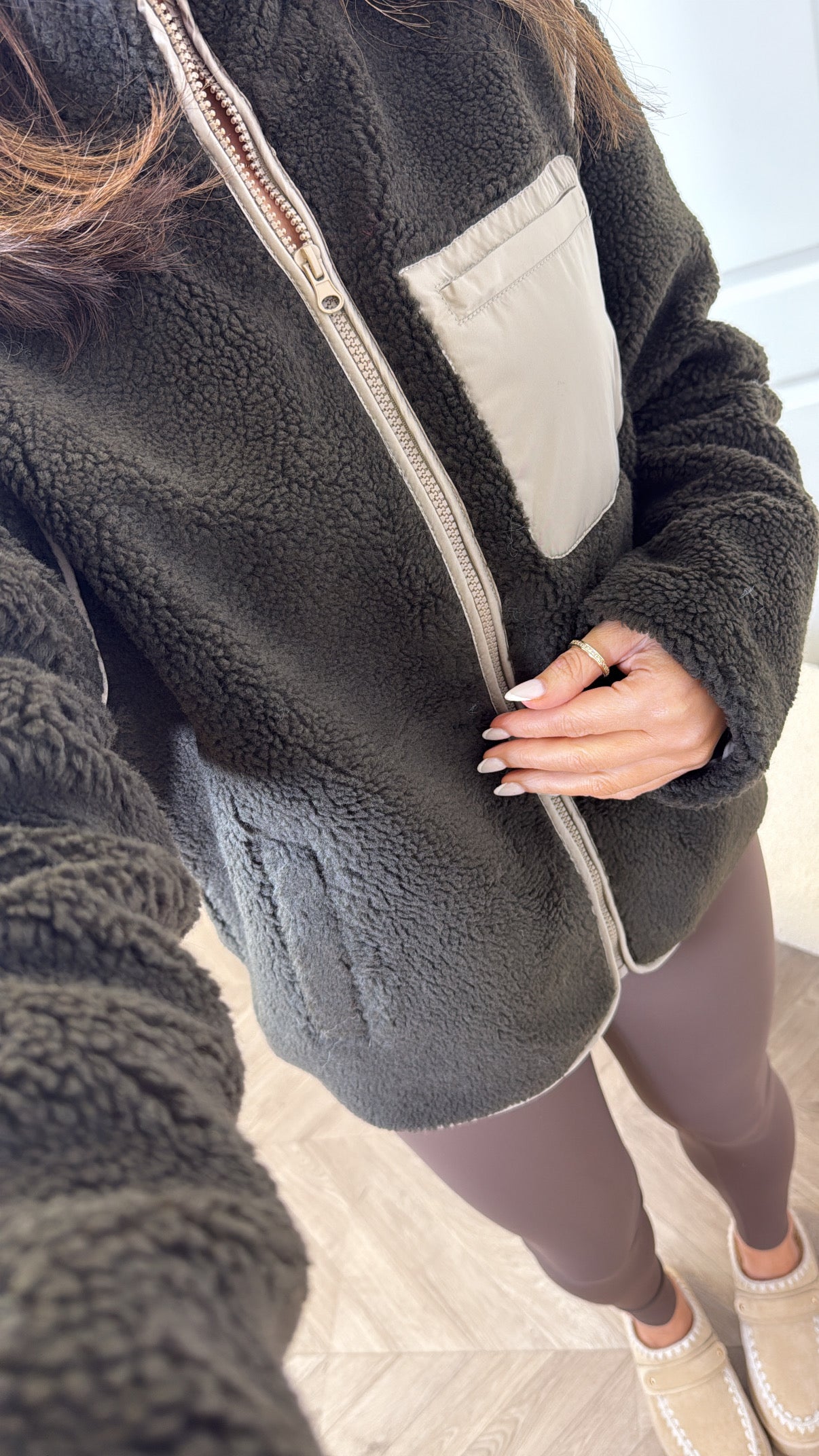 ZIA dark khaki teddy fleece