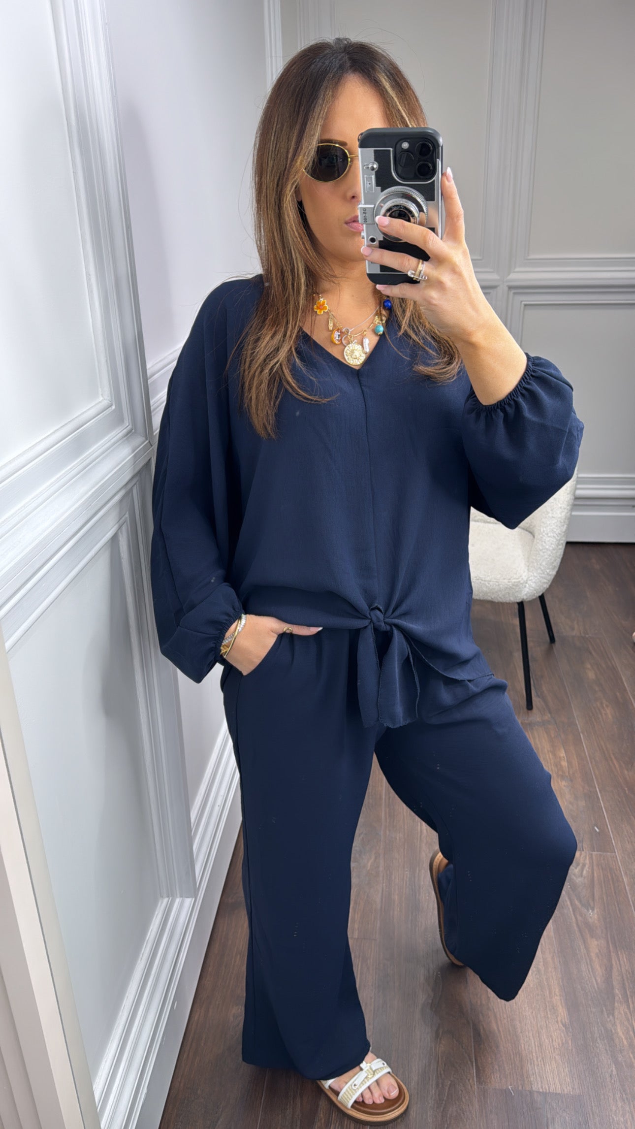 JENNIFER navy chiffon tie top and trousers co-ord set