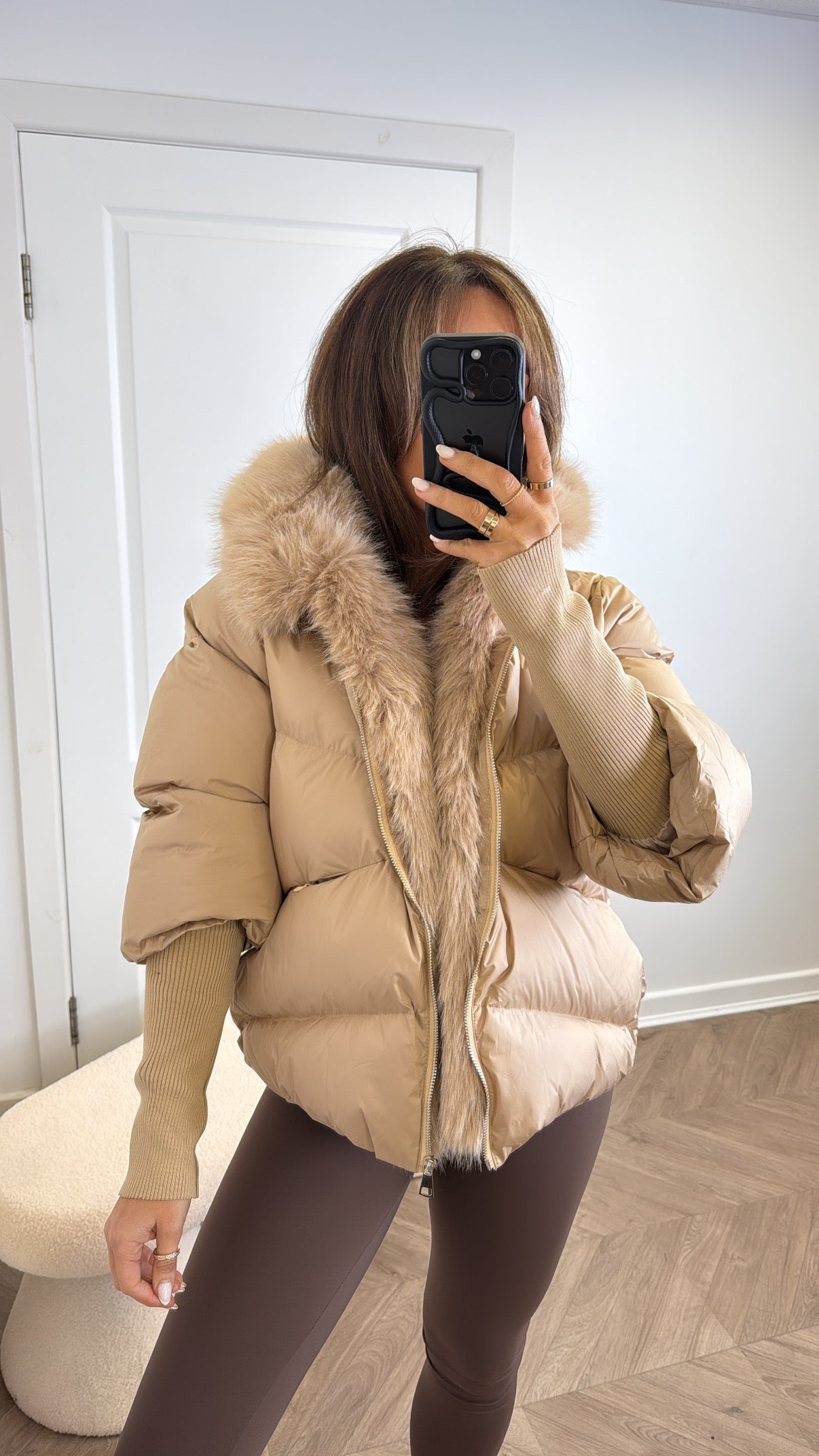 VERITY camel puffer coat with faux fur