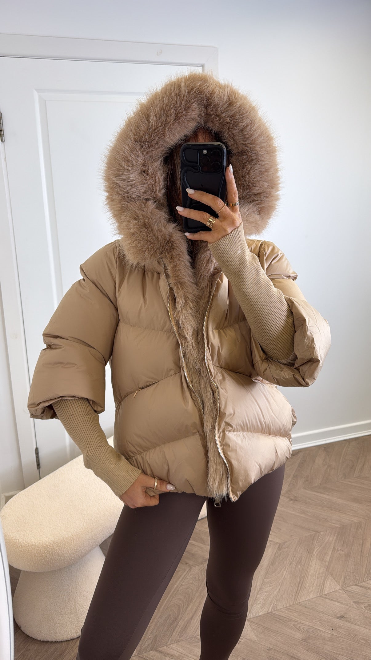 VERITY camel puffer coat with faux fur