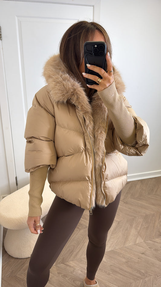 VERITY camel puffer coat with faux fur