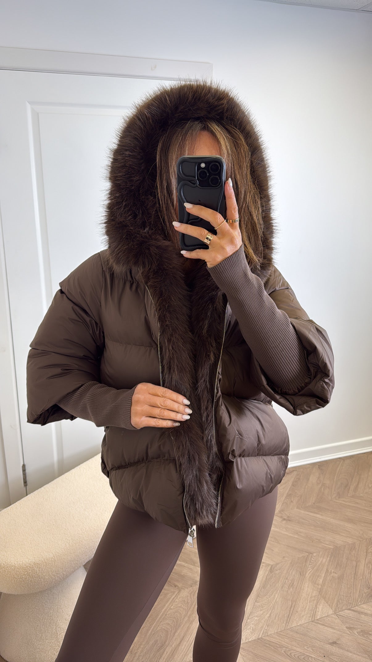 VERITY brown puffer coat with faux fur