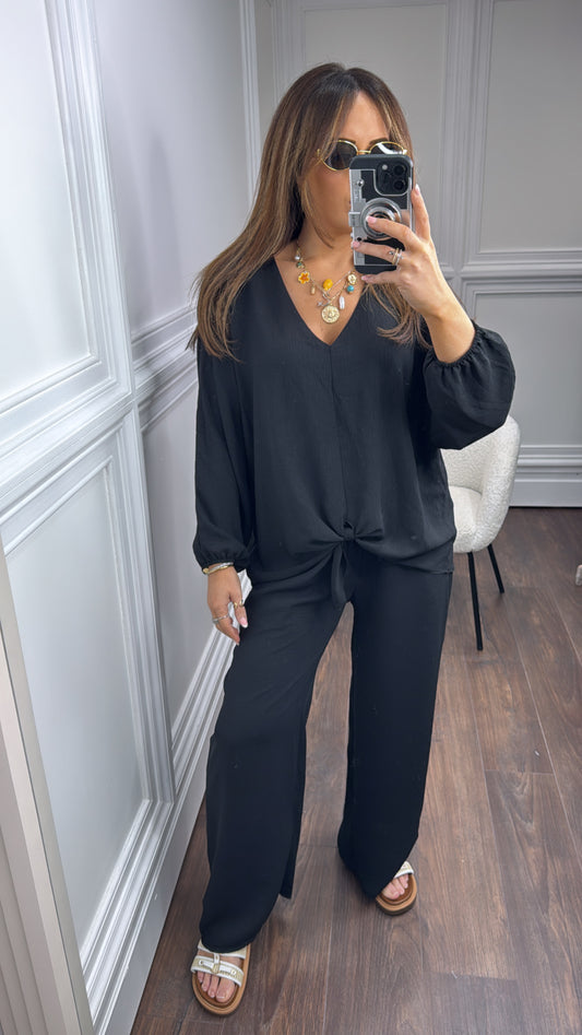 JENNIFER black chiffon tie top and trousers co-ord set