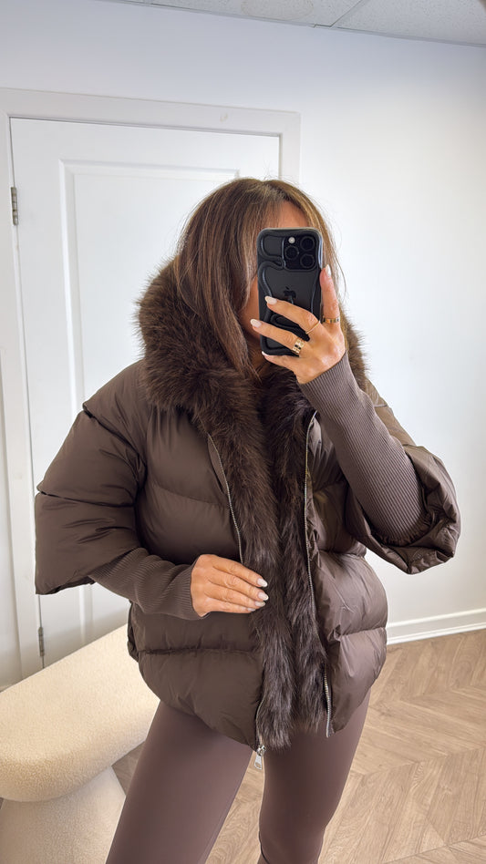 VERITY brown puffer coat with faux fur
