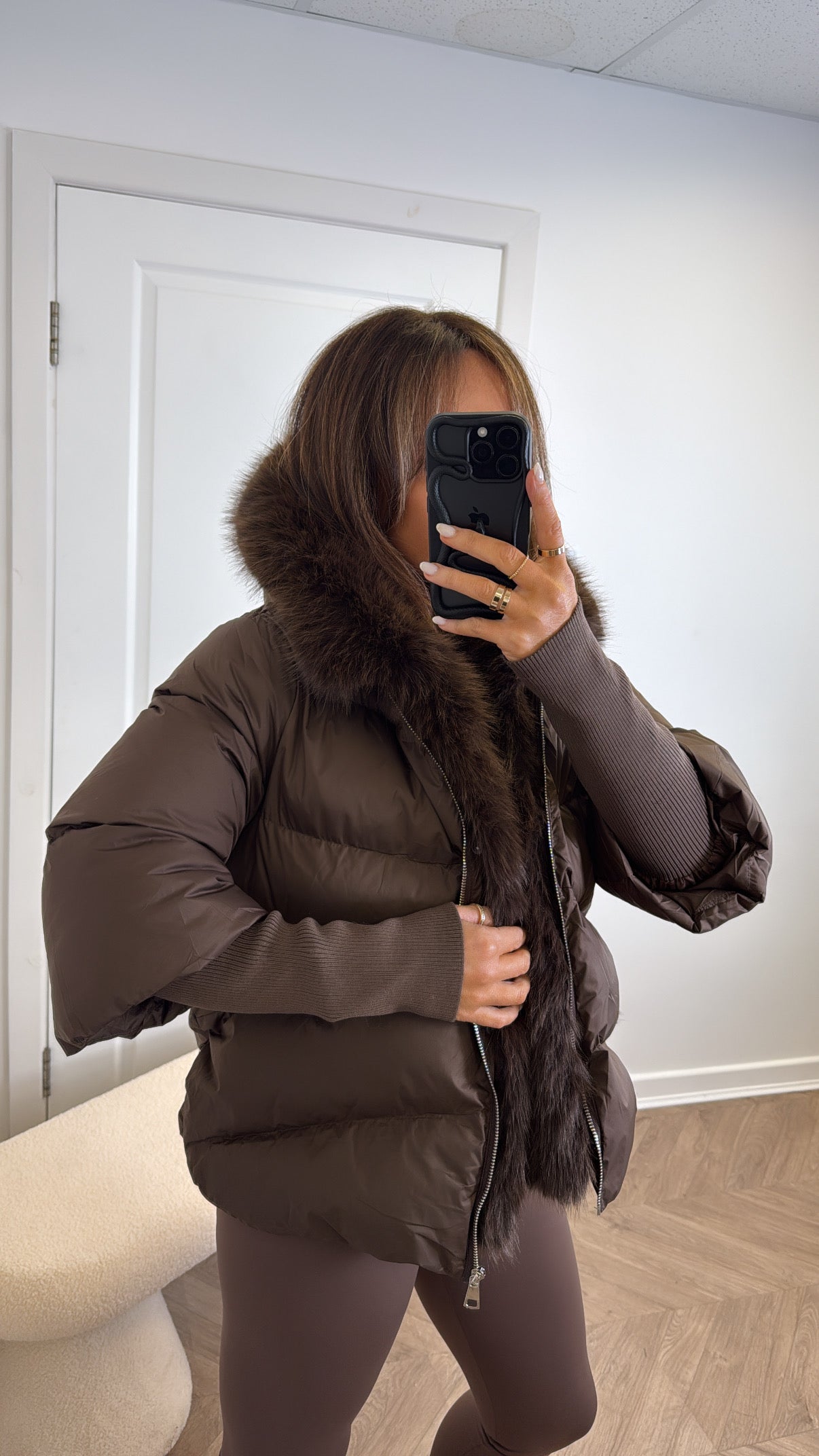 VERITY brown puffer coat with faux fur